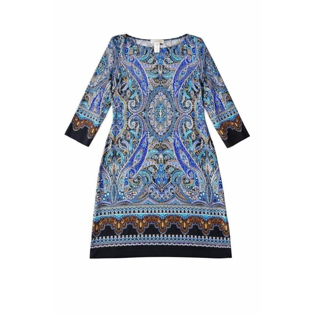 London Times Paisley Print 3/4 Sleeve  Boho Dress Blue Purple‎ Gold Size 12